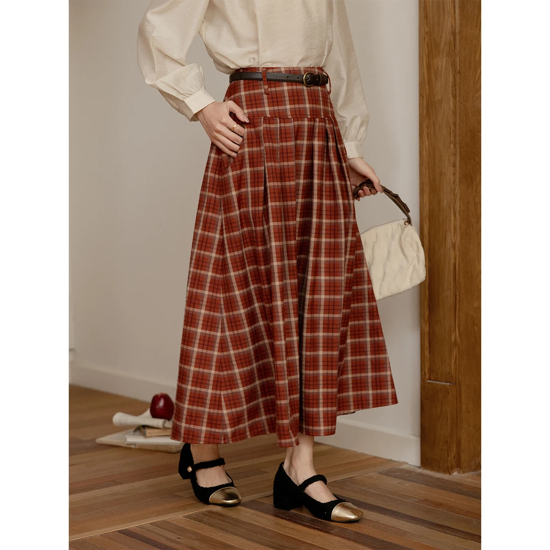 【年中大促】谜秀 红色格纹半身裙2024秋季复古A字裙高腰显瘦长裙子
