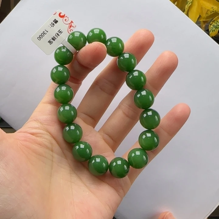 和田玉（碧玉）未镶嵌手链果阳绿卡12m
