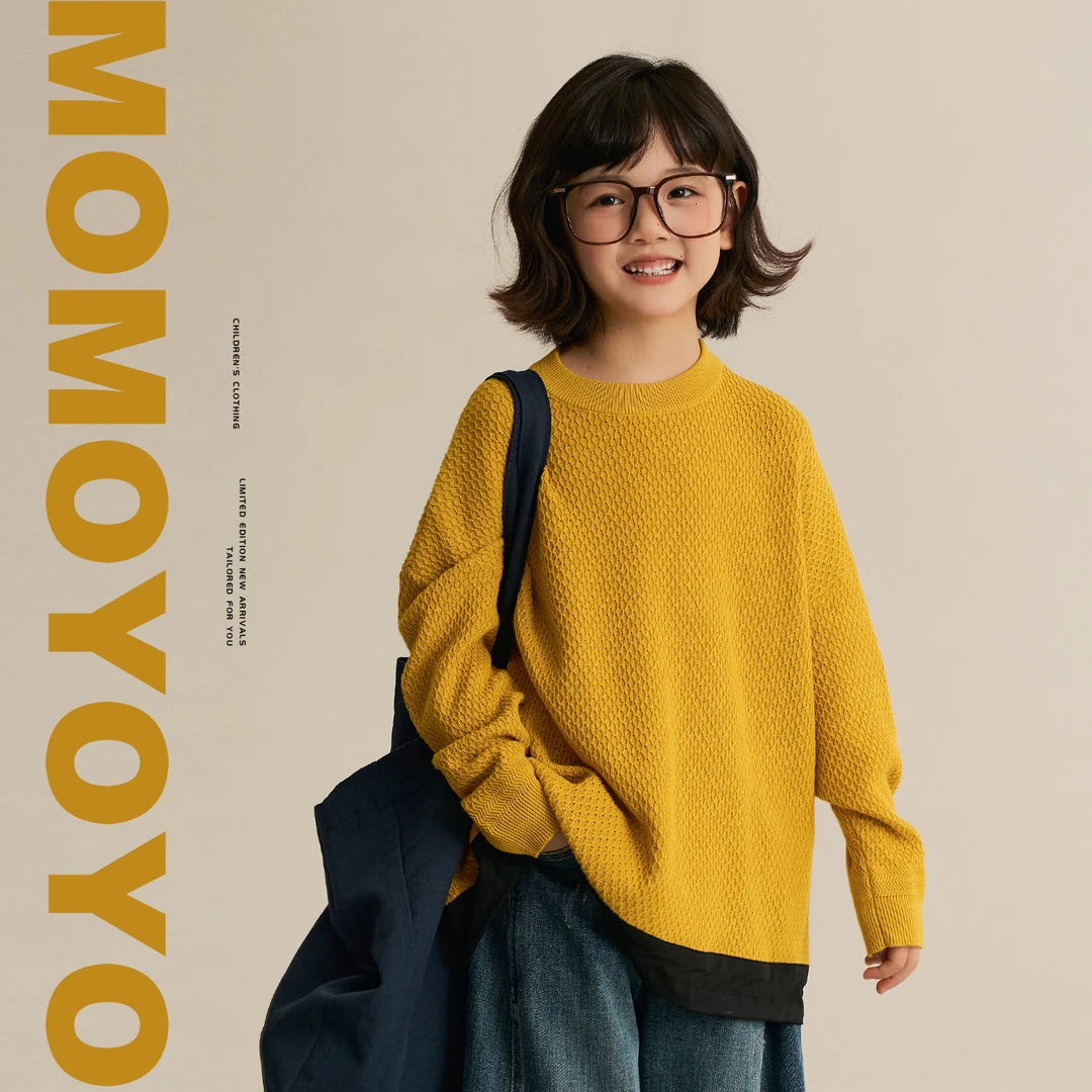 辰辰妈【菠萝纹】女童肌理感撞色假两件毛衣亲子装儿童针织衫8584D