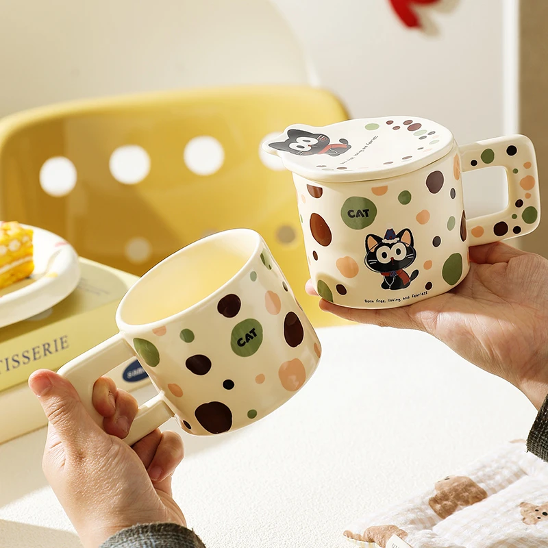 舍里可爱猫咪马克杯家用喝水杯子高颜值女生办公室有盖陶瓷杯礼物