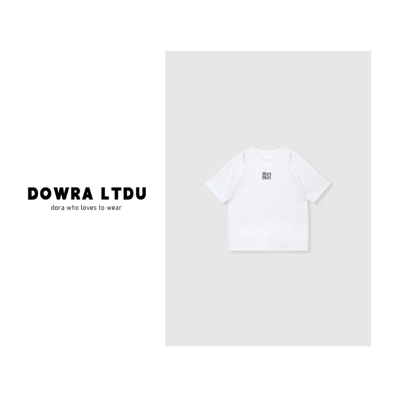 朵拉【假日风情】2025年夏季新款圆领MI刺绣露肩百搭短袖T恤28-5005