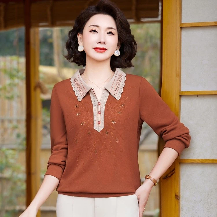 中老年女装2025年春季新款长袖翻领T恤气质妈妈装时尚减龄宽松