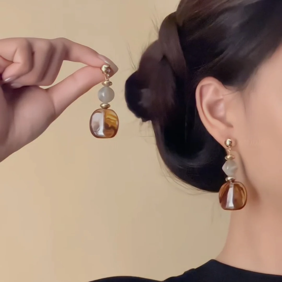 合金树脂耳饰 法式复古琥珀色气质小众设计耳环新中式银针耳钉女