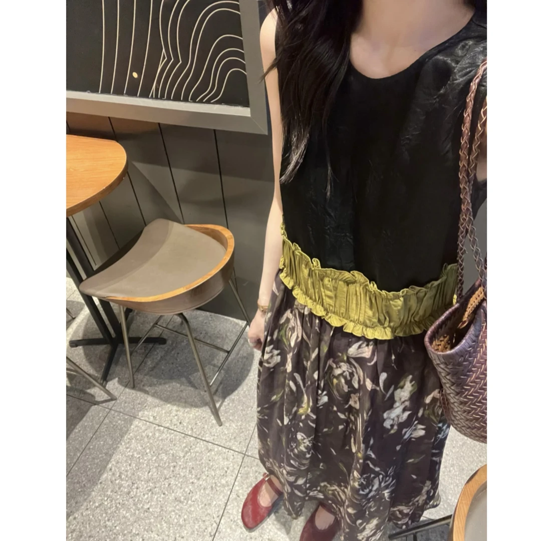 FAR ZOOM 醋酸拼接印花无袖连衣裙