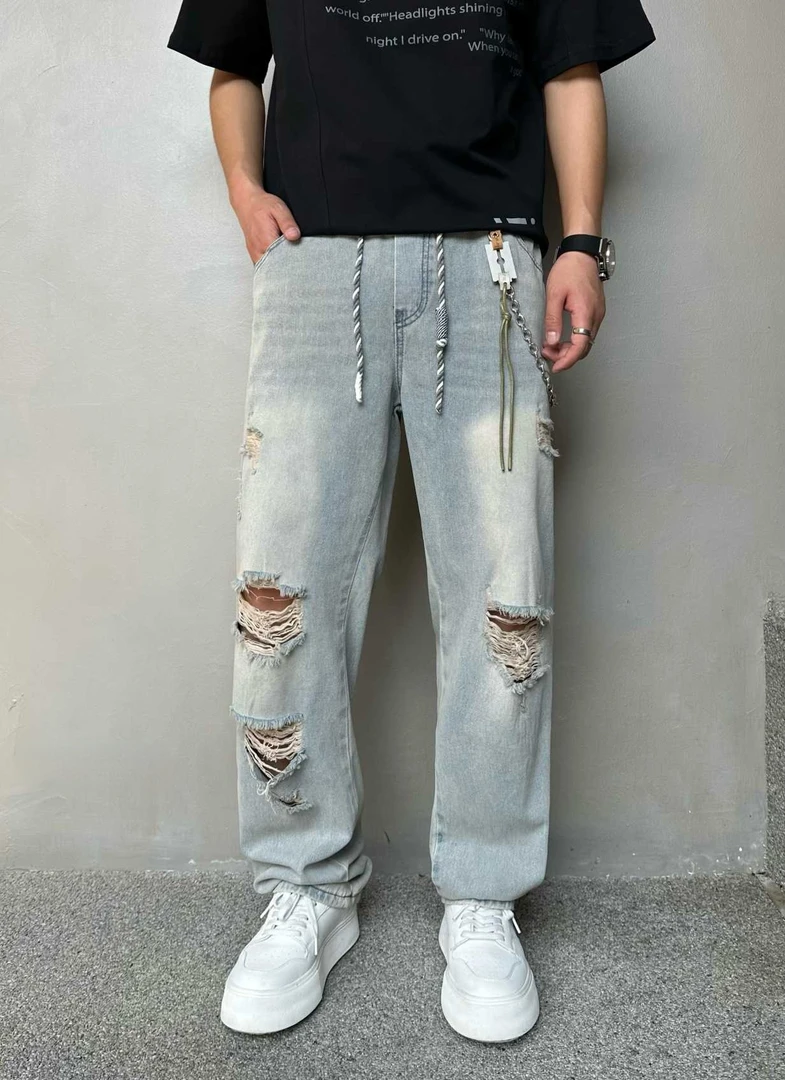 2025夏破洞软牛仔裤男女款休闲百搭宽松浅色复古垂感直筒裤男女