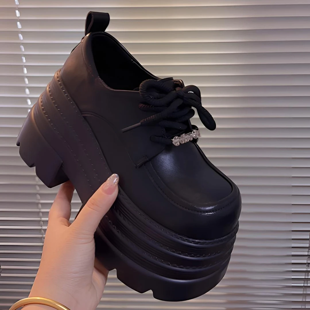 爆款乐福鞋女2025春季新款系带百搭10cm增高跟厚底松糕休闲小皮鞋