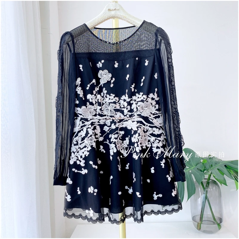 PinkMary粉红玛琍黑色圆领长袖蕾丝衫衬衫女T恤PMAFW105588小衫
