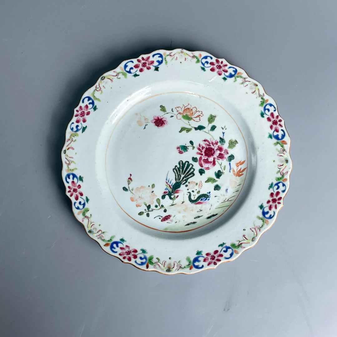瓷器/古董清乾隆粉彩孔雀牡丹纹花口盘M25BJ000C19文物/绣花张