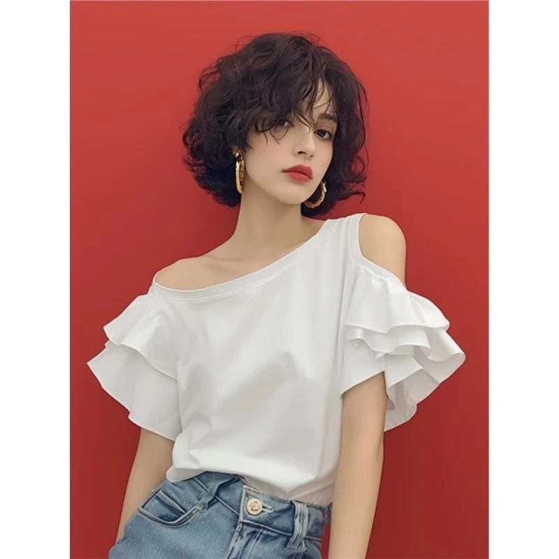 夏独特别致法式露肩荷叶边上衣高级设计感甜辣妹白色短袖t恤女
