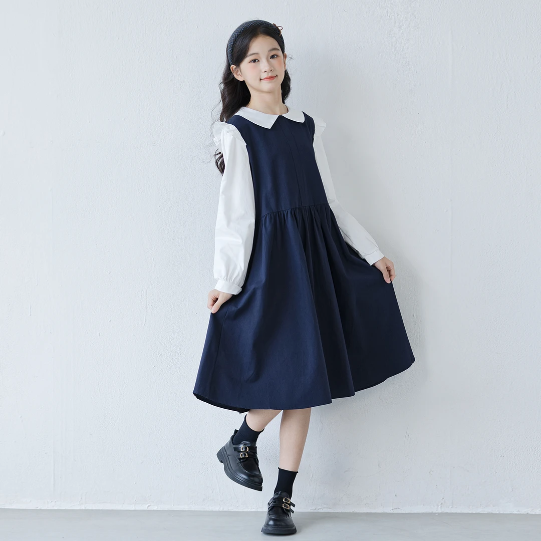 女童韩系学院风假两件连衣裙春秋2025款中大童洋气娃娃领衬衫裙子