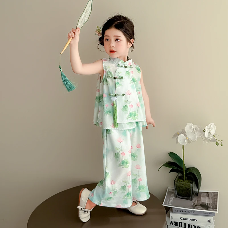 女童国风碎花套装儿童新中式旗袍九分裤超好看汉服两件套宝宝夏装