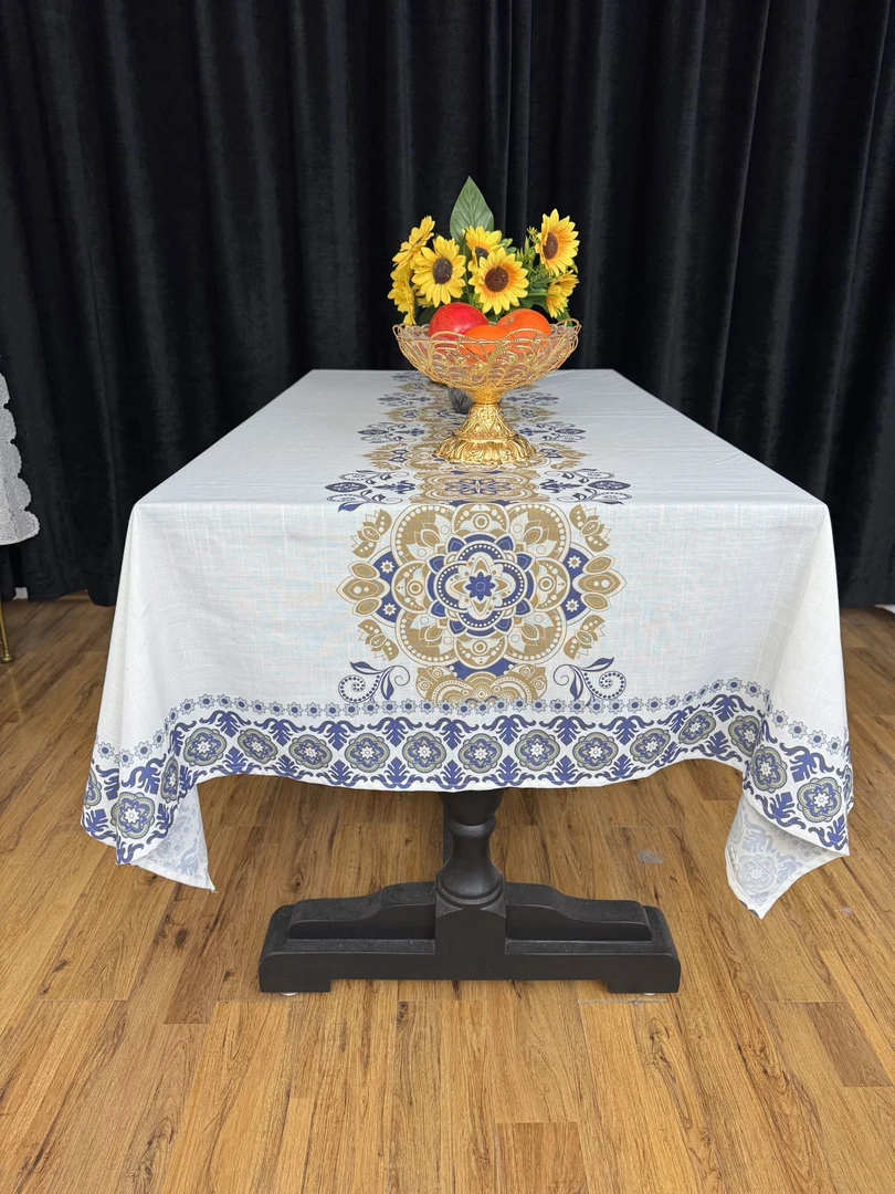 餐桌布纯棉桌布印花轻奢蓝色花型彩色桌布民族风桌布茶几布双层