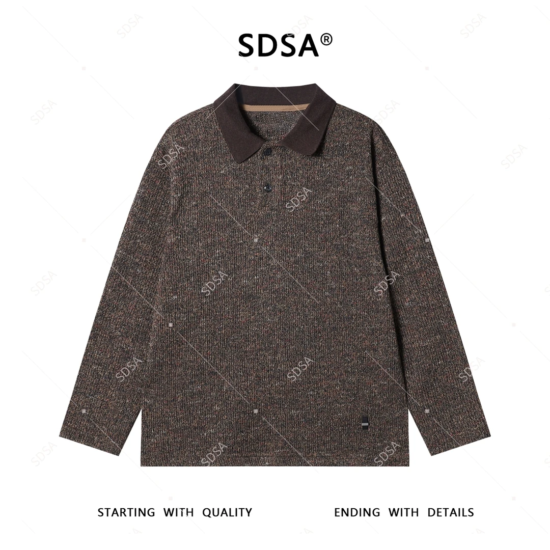 SDSA男士秋冬新款轻奢痞帅男装针织衫做旧休闲翻领纽扣长袖T恤潮