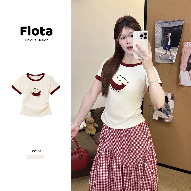 【flota】韩系ins风植绒苹果拼色圆领短袖夏季新款修身显瘦上衣2182