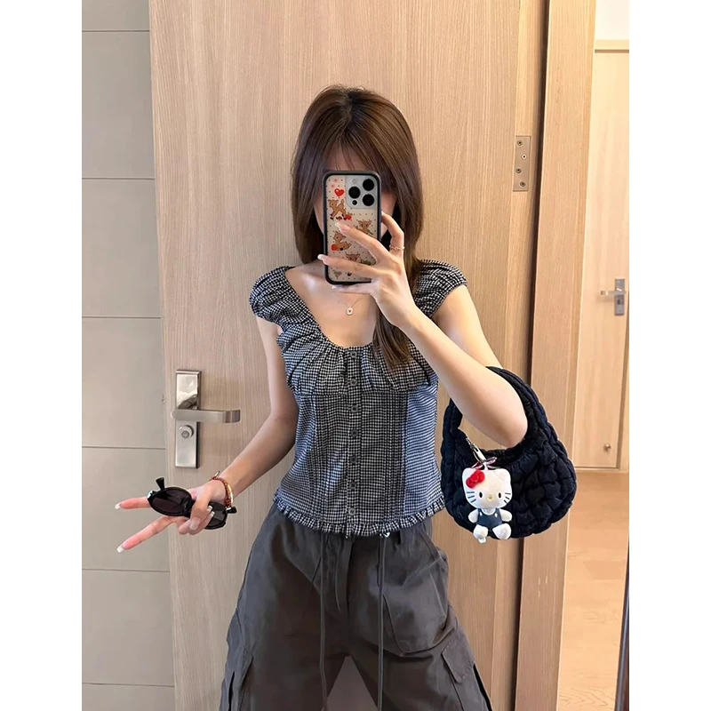 美式复古辣妹格纹短袖T恤女夏季新款修身短款设计感别致独特上衣