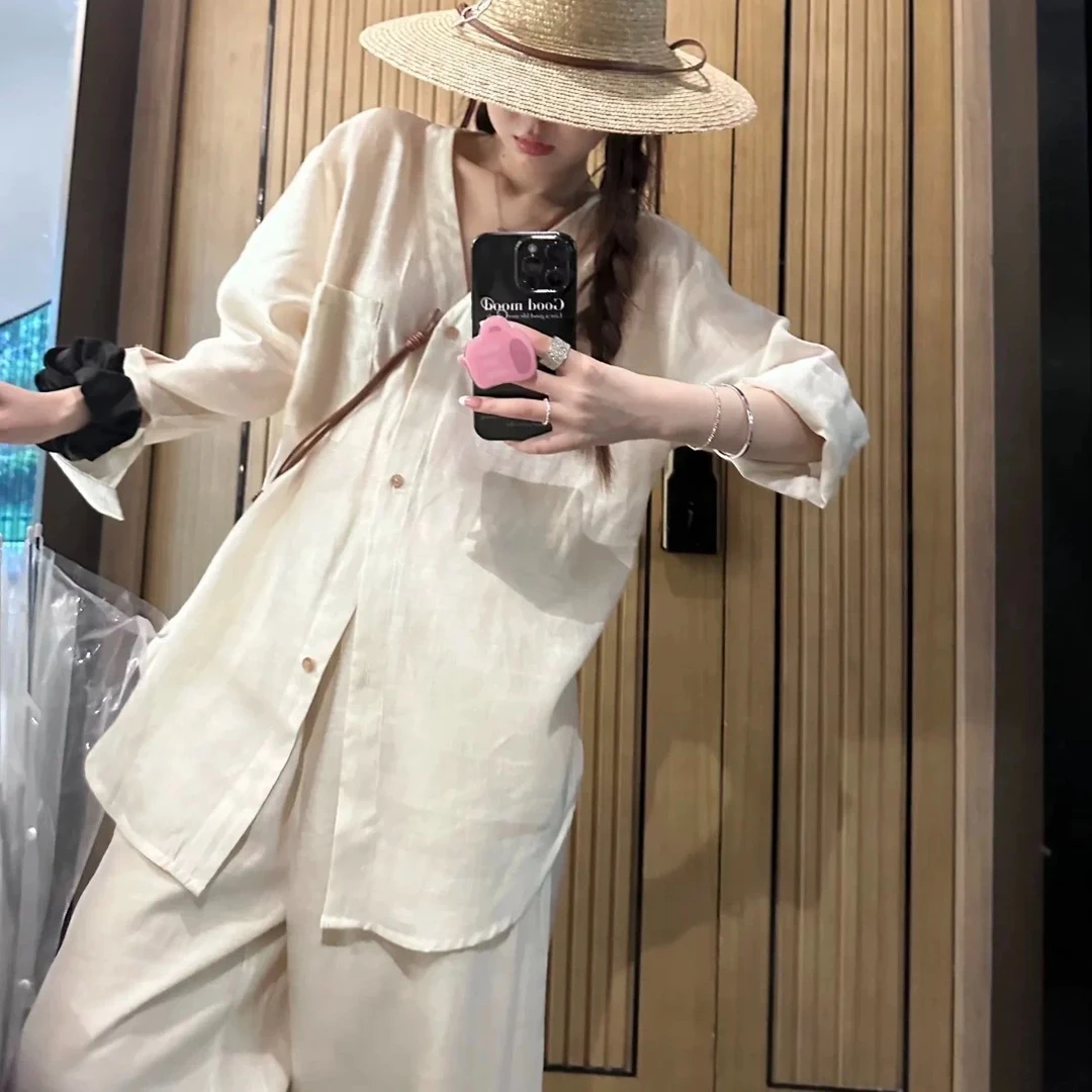 松弛感天丝麻光泽感长袖单排扣休闲衬衫+宽松阔腿裤两件套套装女