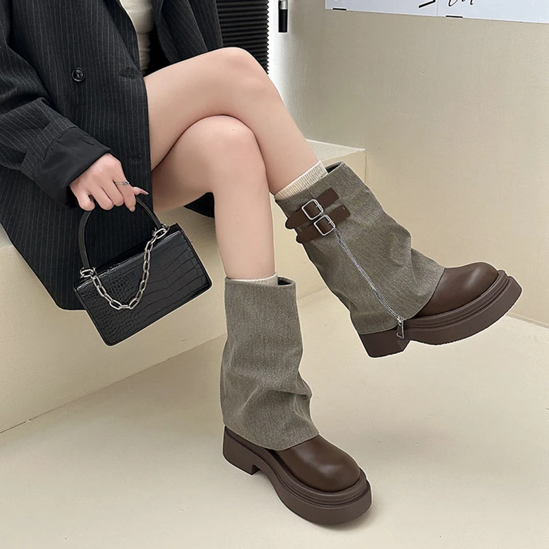 厚底增高马丁靴女2025新款春秋棕色复古英伦风小个子侧拉链裤管靴