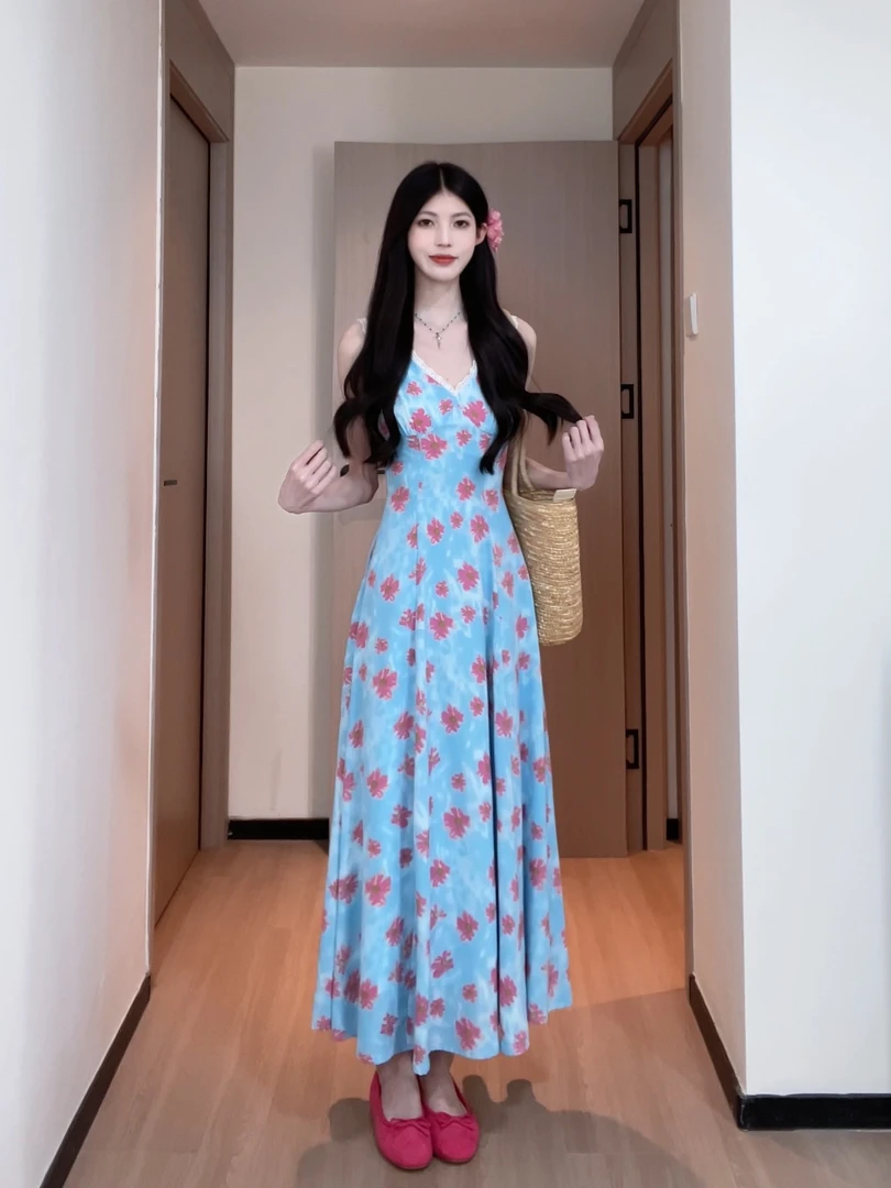 松本丧丧蓝色背心长裙度假碎花吊带裙春季吊带连衣裙B251Q0320