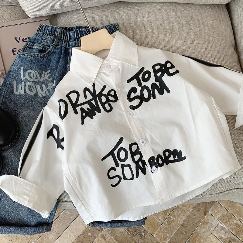 儿童痞帅衬衫春新款洋气男童上衣小童印花衬衣棉开衫宝宝外套