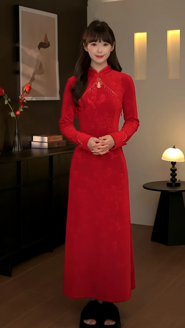 【朱红】红色丝绒高级感新中式长袖新中式包臀裙提花秋冬春季中国风