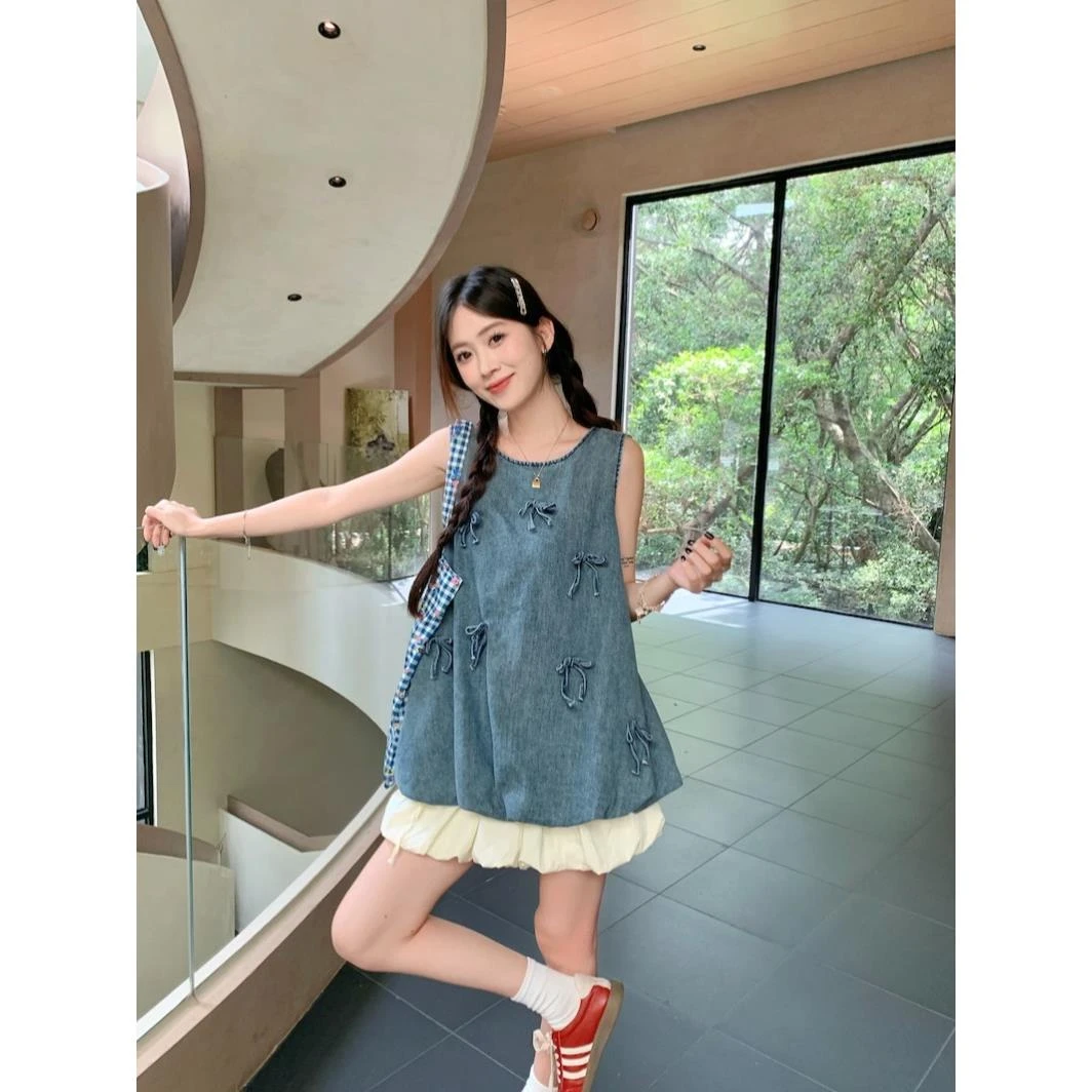 甜美女装牛仔背心夏季花苞裙两件套减龄宽松立体蝴蝶结半身裙洋气