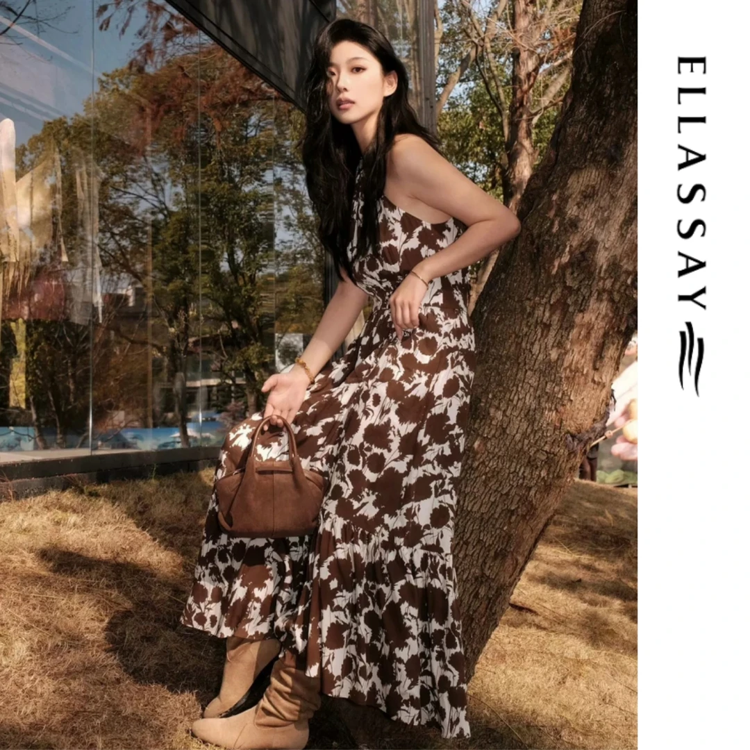 ELLASSAY歌力思早春流光风假日桑蚕丝复古挂脖连衣裙EWB362Y03300