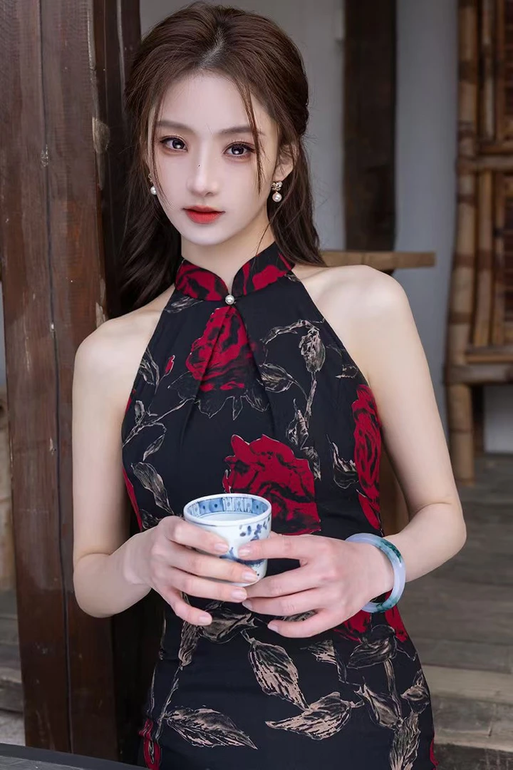 ZL-3050zd黑色挂脖旗袍气质优雅高端乔其纱