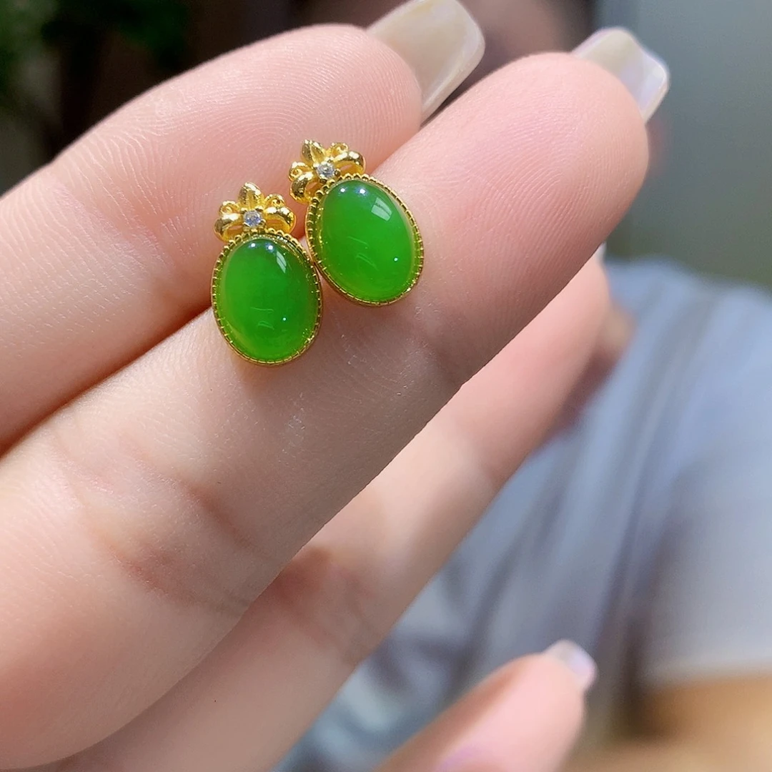 和田玉（碧玉）银S925镀金镶嵌耳饰