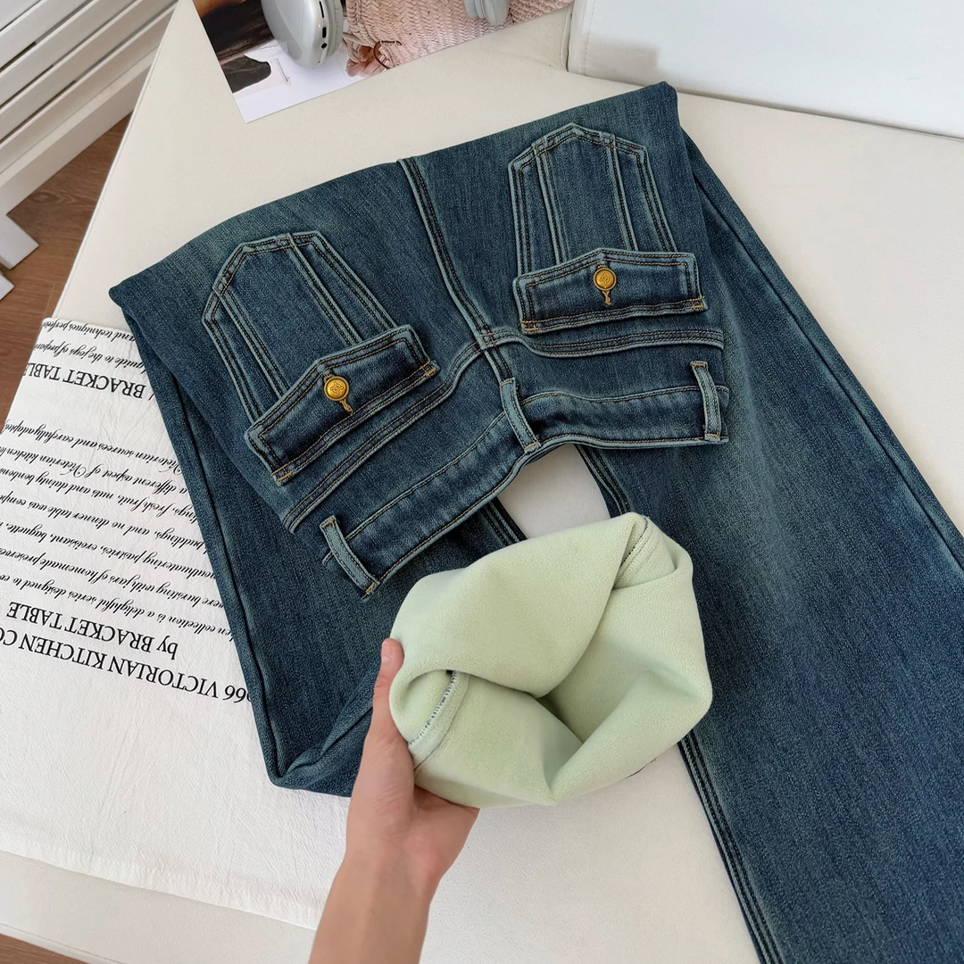 青墨蓝四面弹加绒微喇牛仔裤女2025冬季新款高腰显瘦不贴腿马蹄裤