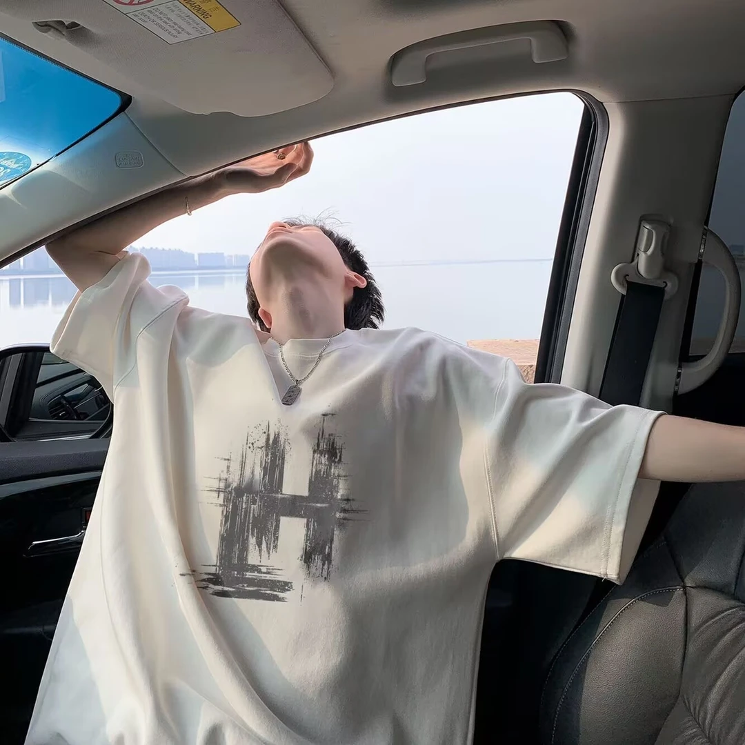 短袖印花夏季深灰纯棉短袖260gT恤百搭潮流男士国潮ins设计师上衣