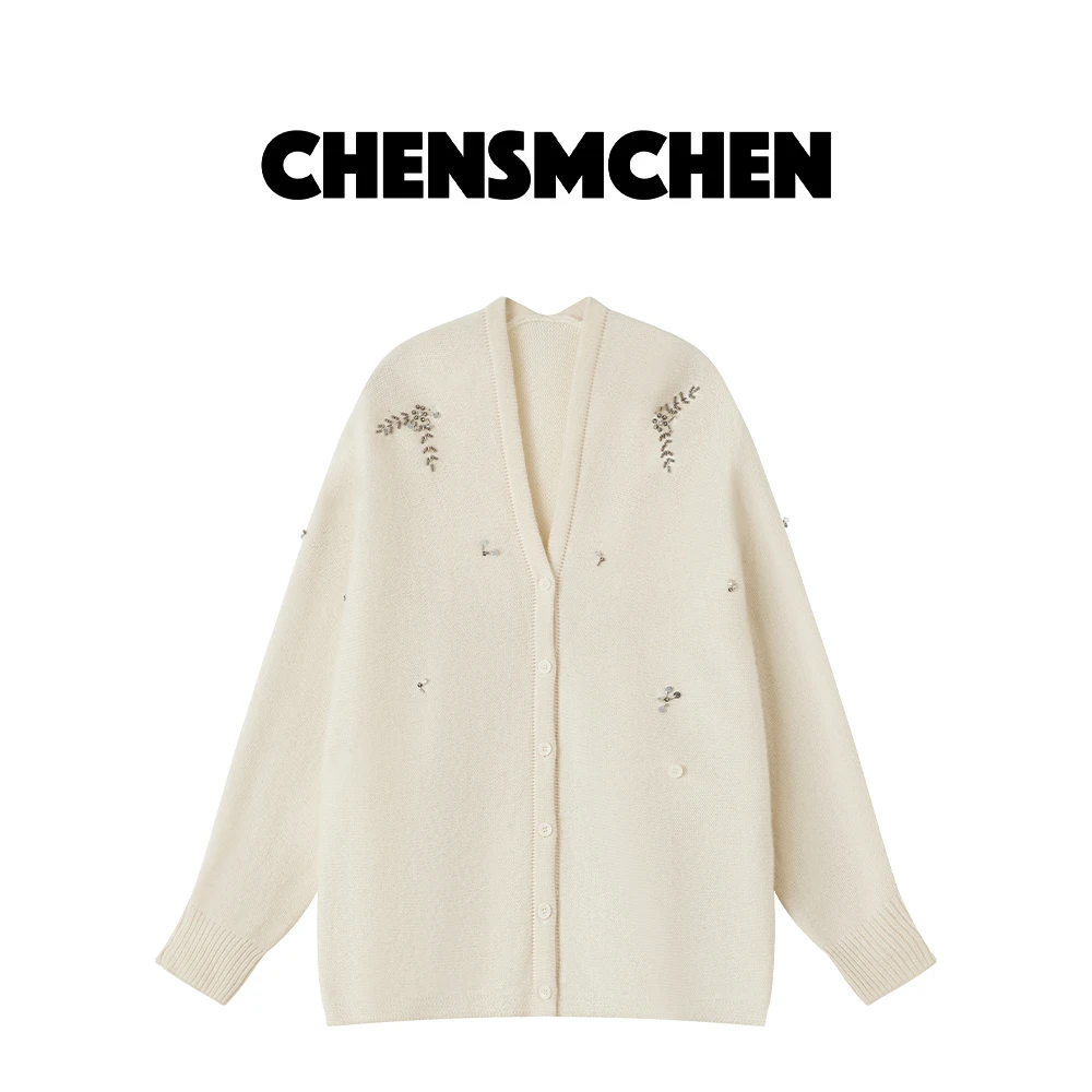 CHENSMCHEN 100绵羊毛针织衫女秋冬时尚绣花V领打底开衫CSZ1013SL