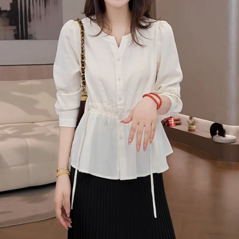 韩版减龄简约抽绳收腰长袖衬衫早秋新款大码女装宽松木耳显瘦上衣
