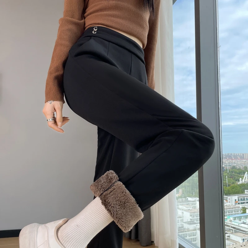 羊羔绒西装裤女直筒裤秋冬季2024新款外穿加绒加厚小西裤女士棉裤