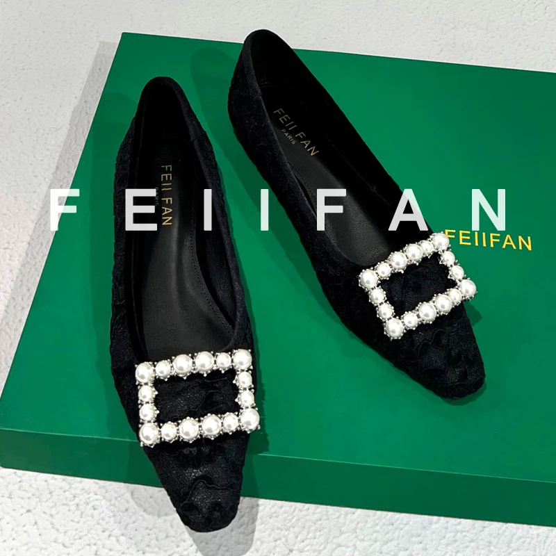 【现货】平底单鞋女2025秋冬新款珍珠方扣法式绝美方头黑色鞋子6623