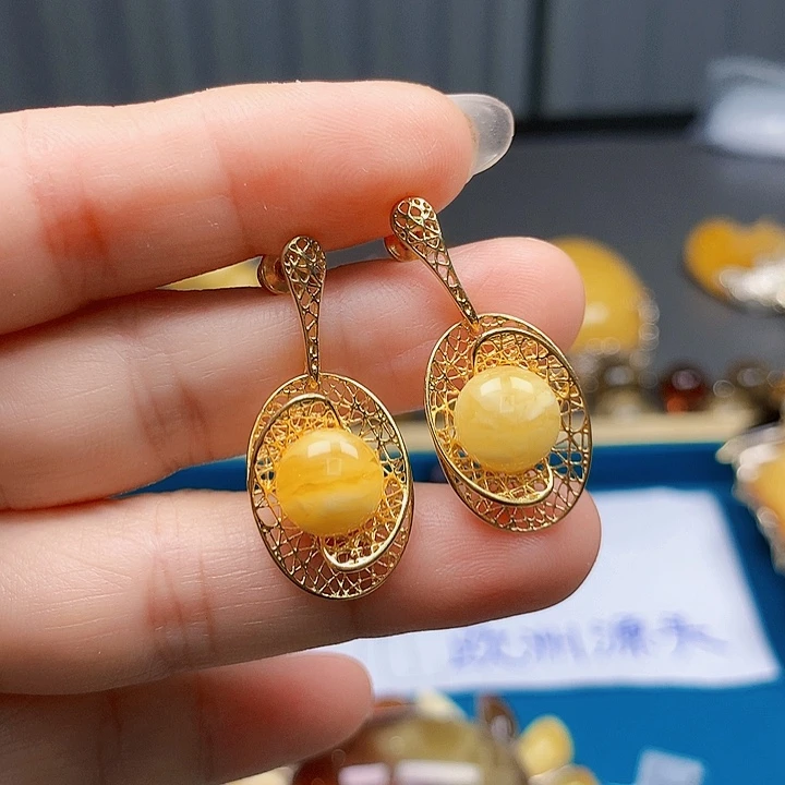 琥珀银S925镶嵌耳饰波兰设计款琥珀蜜蜡