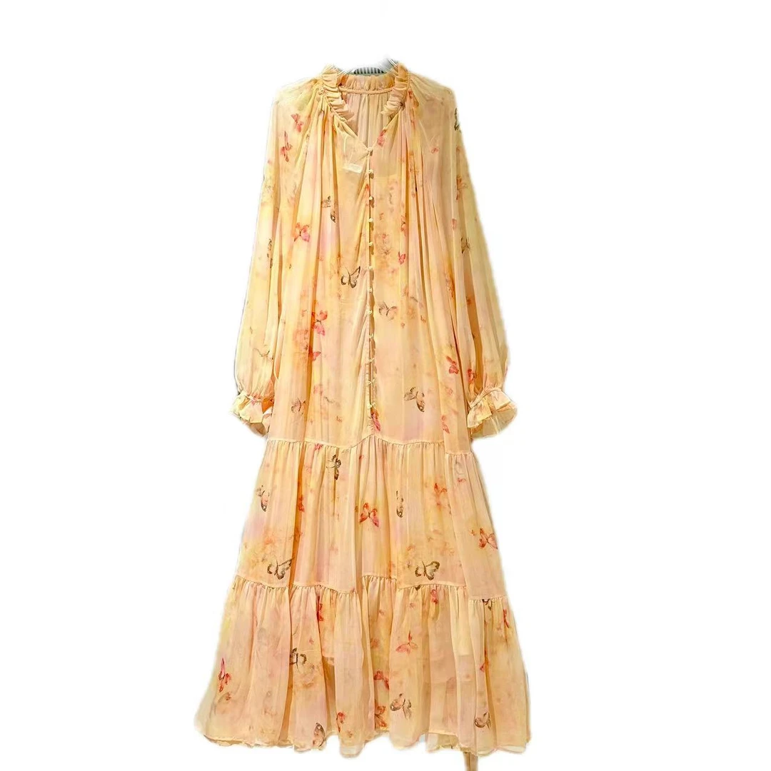 【黄色-禾枫原创】重磅100桑蚕丝连衣裙Y24C9097-2