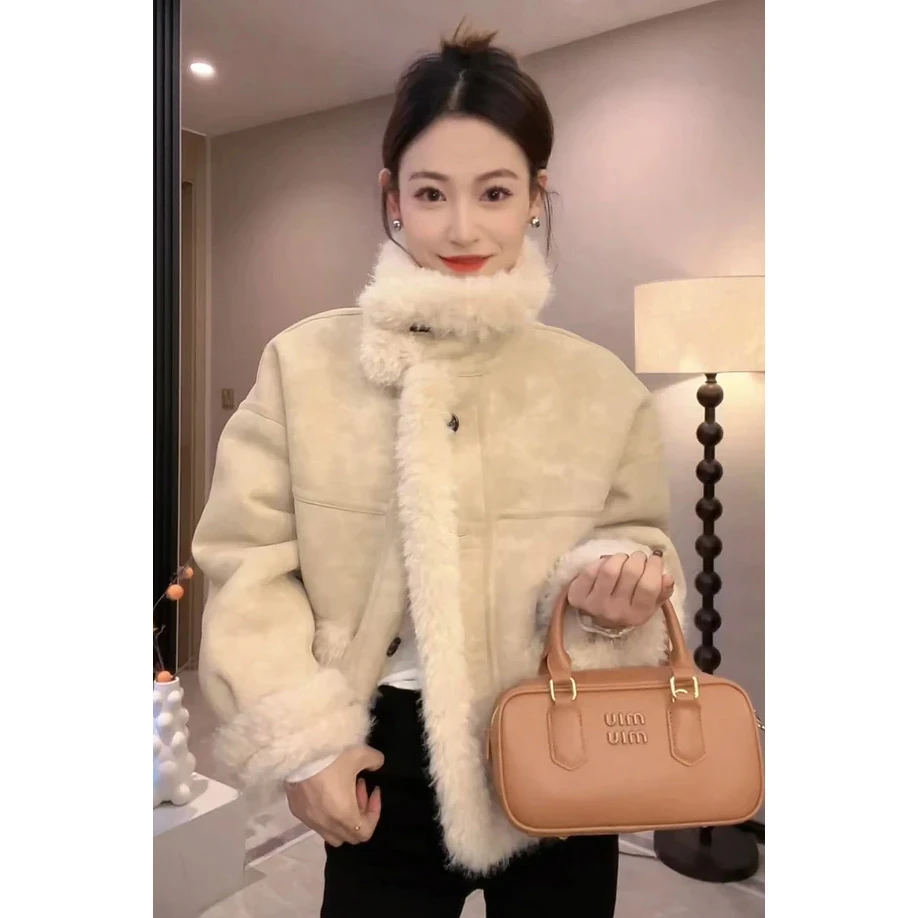 立领单排扣纯色皮毛一体外套女士冬装2024新款显瘦加厚长袖上衣