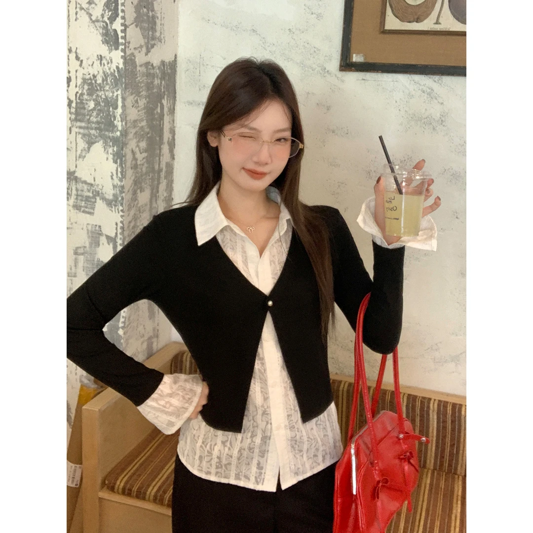 韩版假两件长袖T恤女秋季polo领衬衫拼接设计感独特新款时尚上衣