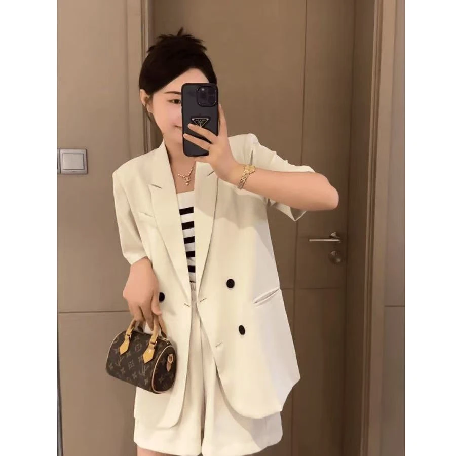 高级感短裤套装女夏季大码胖mm法式赫本风气质黑色小西服夏季薄款