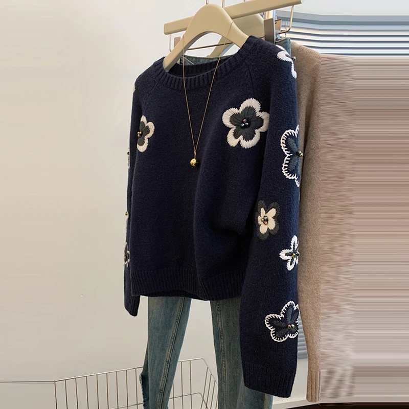 M371小香风藏青色圆领宽松套头针织衫卫衣小个子内搭设计感上衣