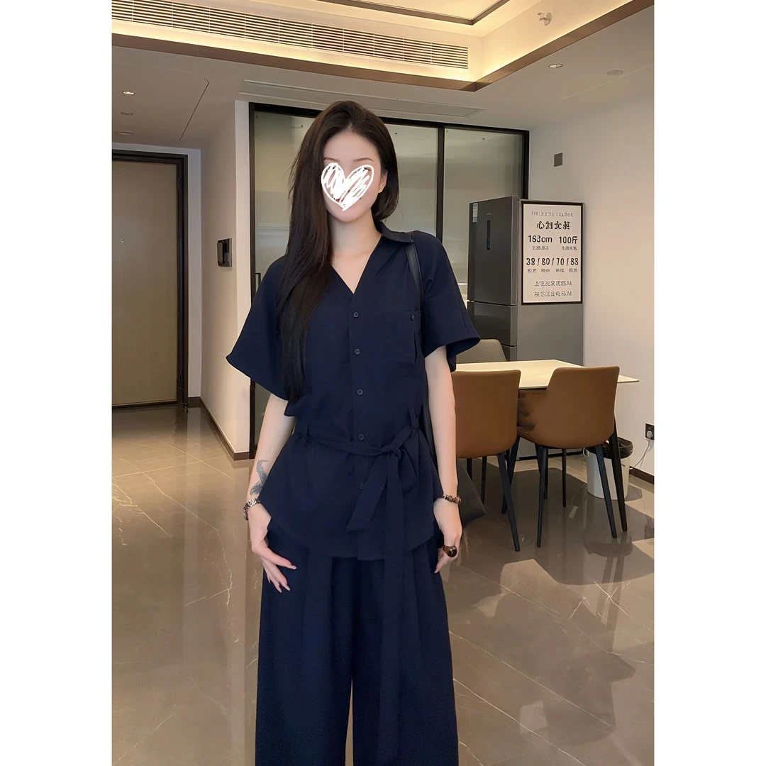 2025新款韩系短袖衬衫套装女夏季轻熟风通勤宽松阔腿裤休闲两件套