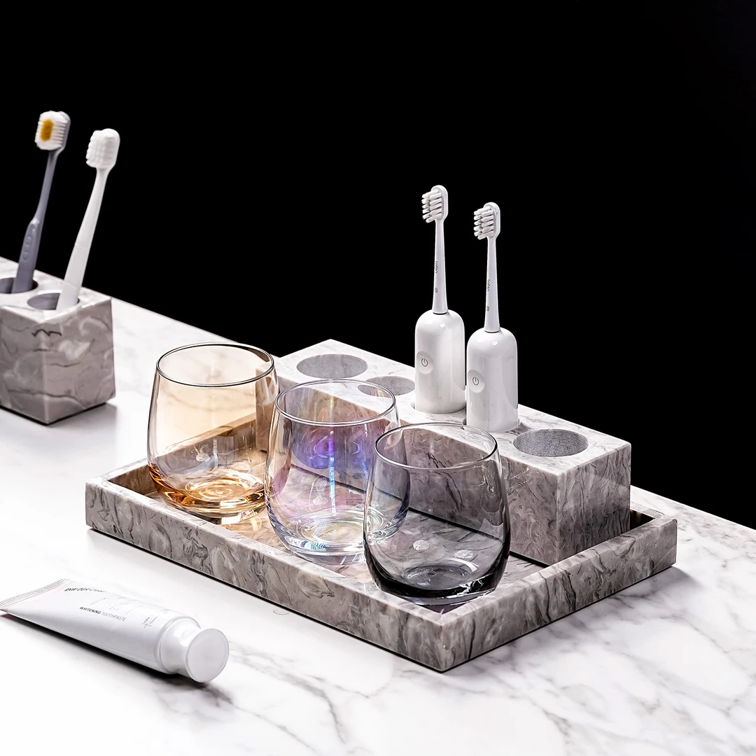 高级感大理石电动牙刷置物架情侣漱口杯收纳套装卫生间大理石摆件