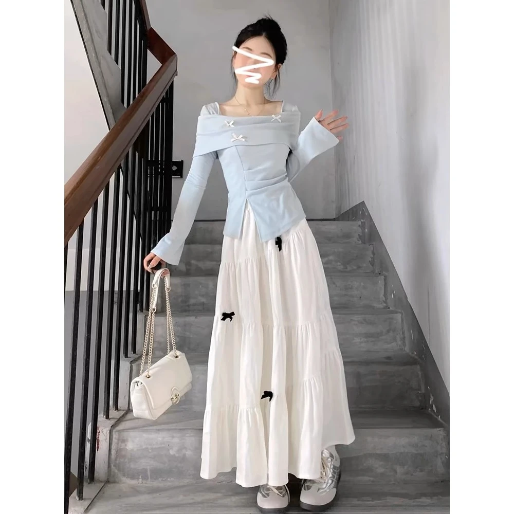 早秋穿搭法式蓝色长袖连衣裙子女2025新款小个子气质减龄长裙套装