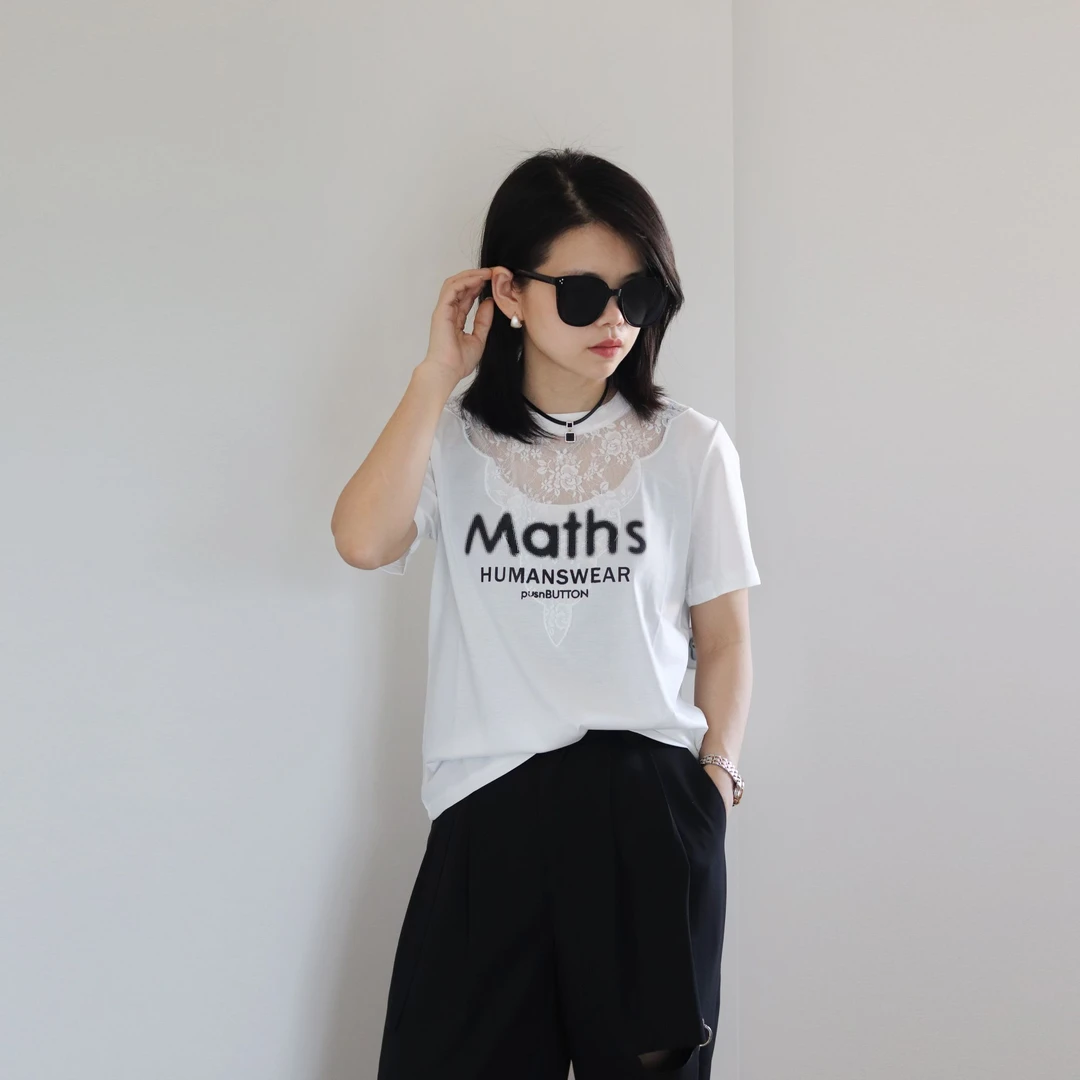 2025夏季新款蕾丝T恤女白色时尚休闲黑色宽松印花圆领甜美上衣女