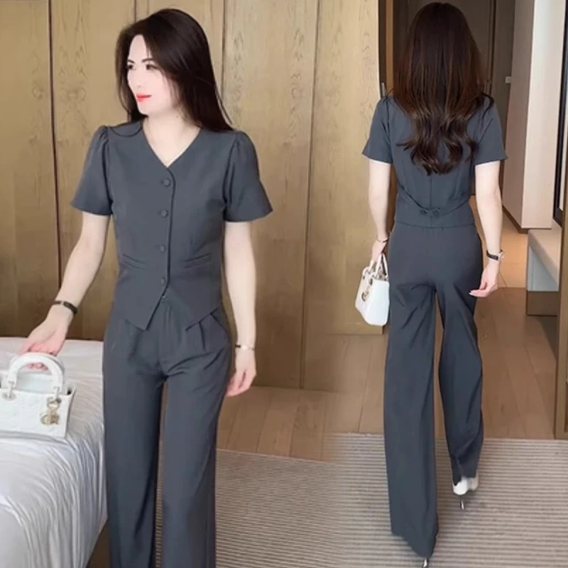 时尚西装套装女2025夏季新款洋气显瘦西服短袖上衣阔腿裤两件套潮