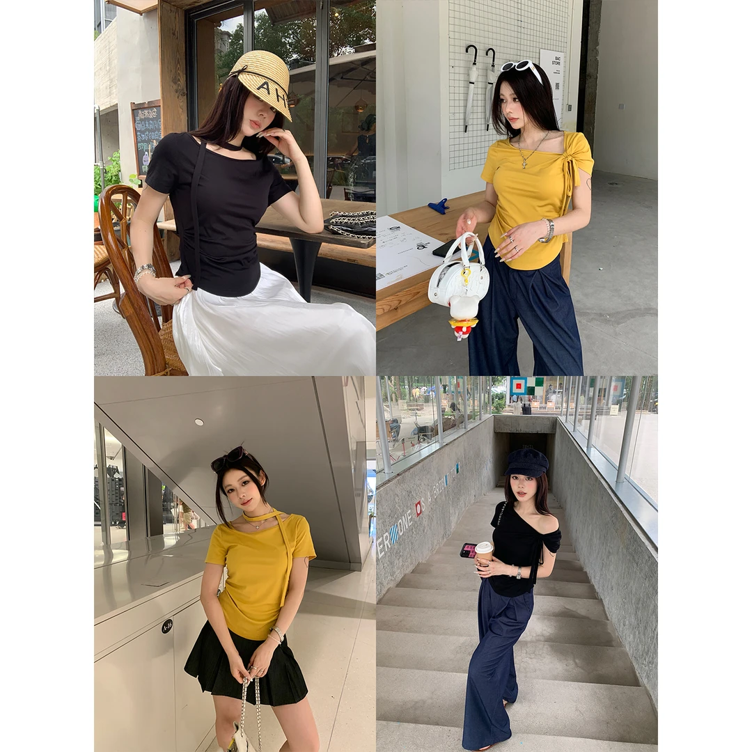 DCDC OFFICIAL 轻氧tee 微胖褶皱斜肩短袖T恤女夏季收腰露肩上衣