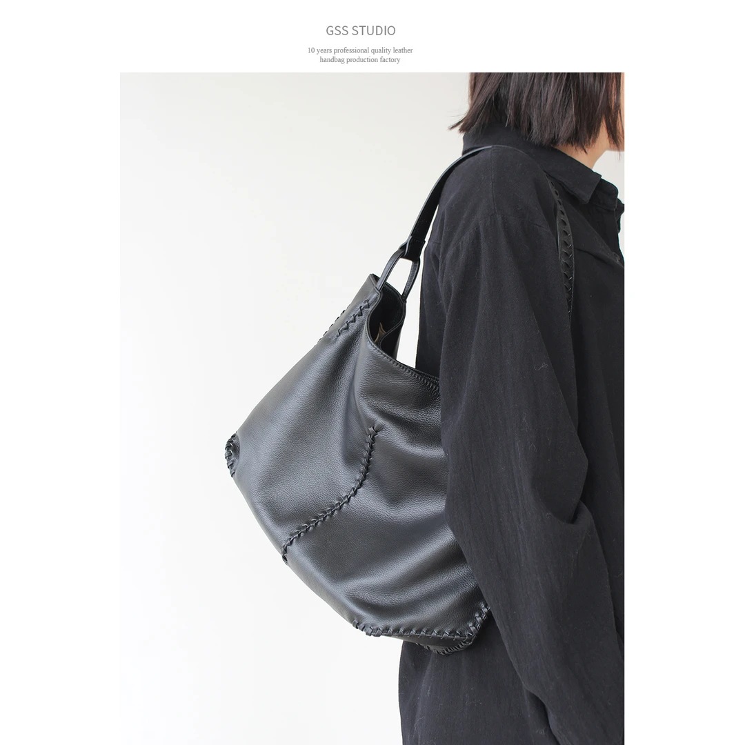 头层软牛皮托特包黑色通勤编织工艺大容量单肩包