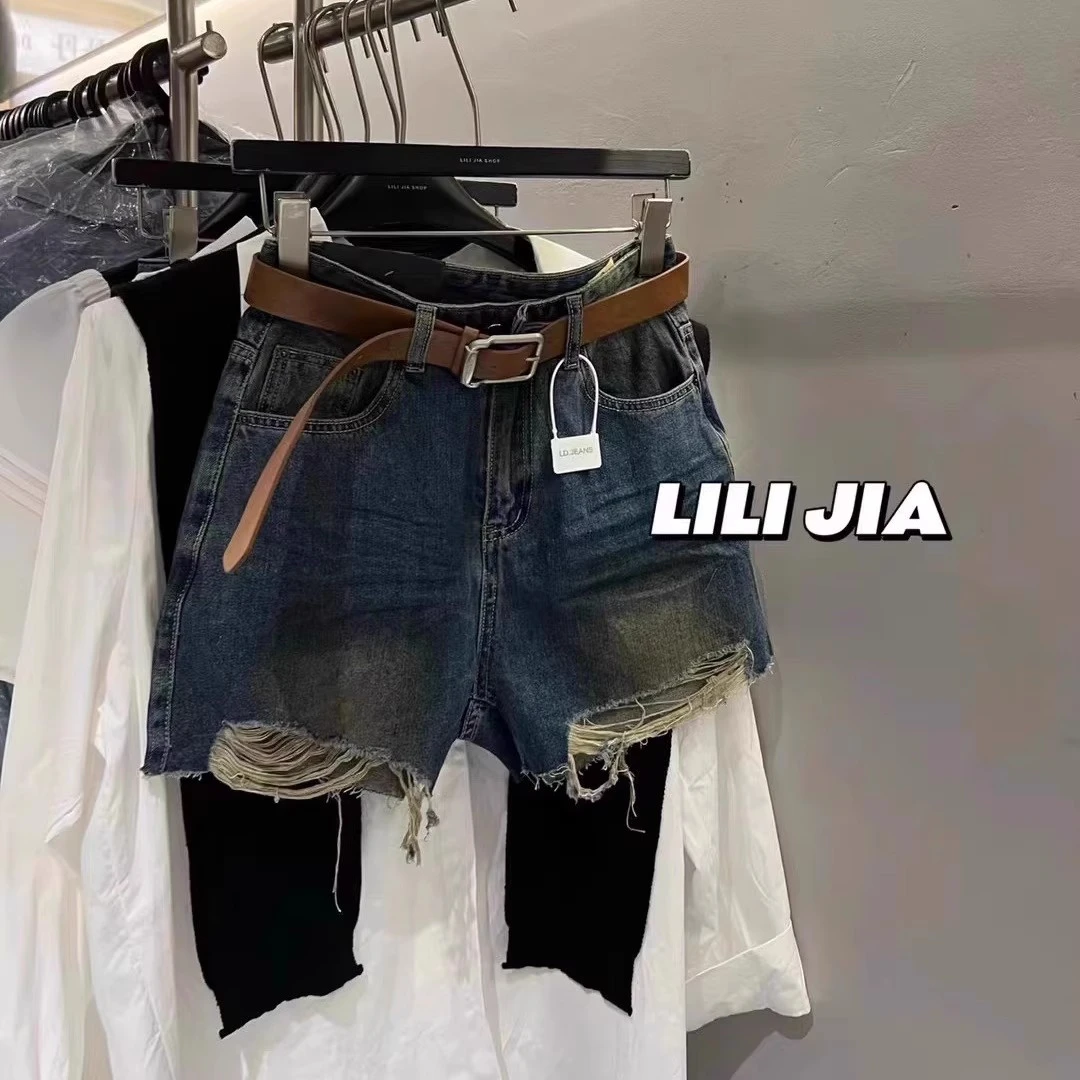 夏季薄款破洞牛仔裤女2025新款高腰复古时尚气质宽松显瘦百搭短裤