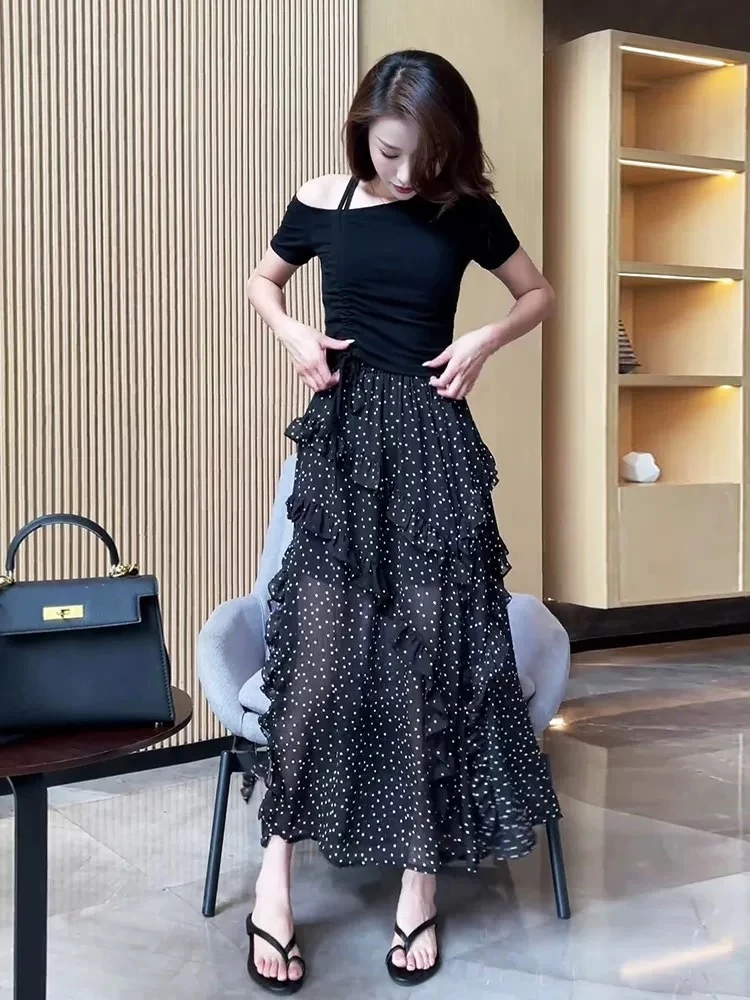 法式高级感木耳边波点半身裙女夏2025新款度假风高腰显瘦雪纺长裙