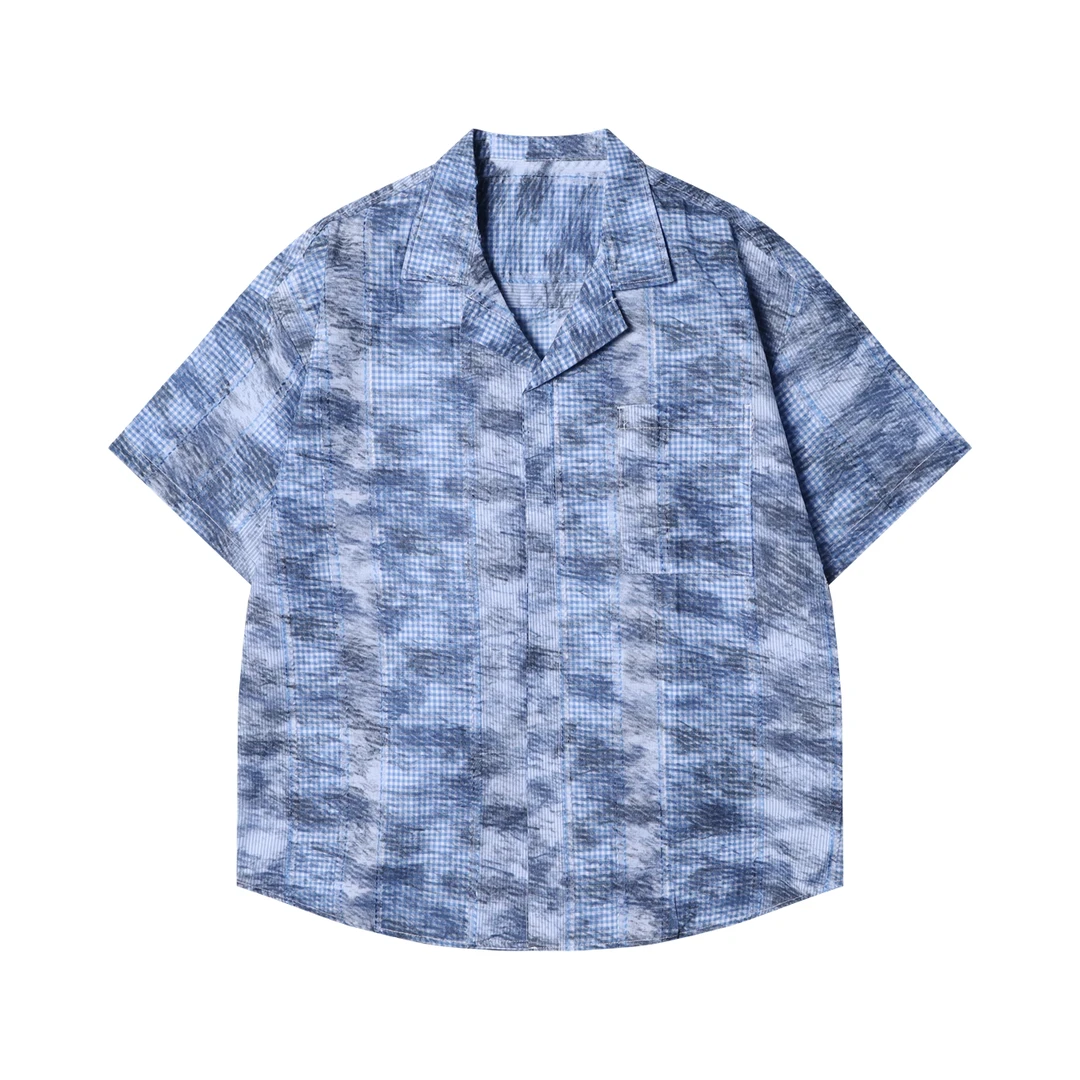 夏季高级感新款美式复古扎染格子短袖衬衫休闲宽松百搭时尚衬衣